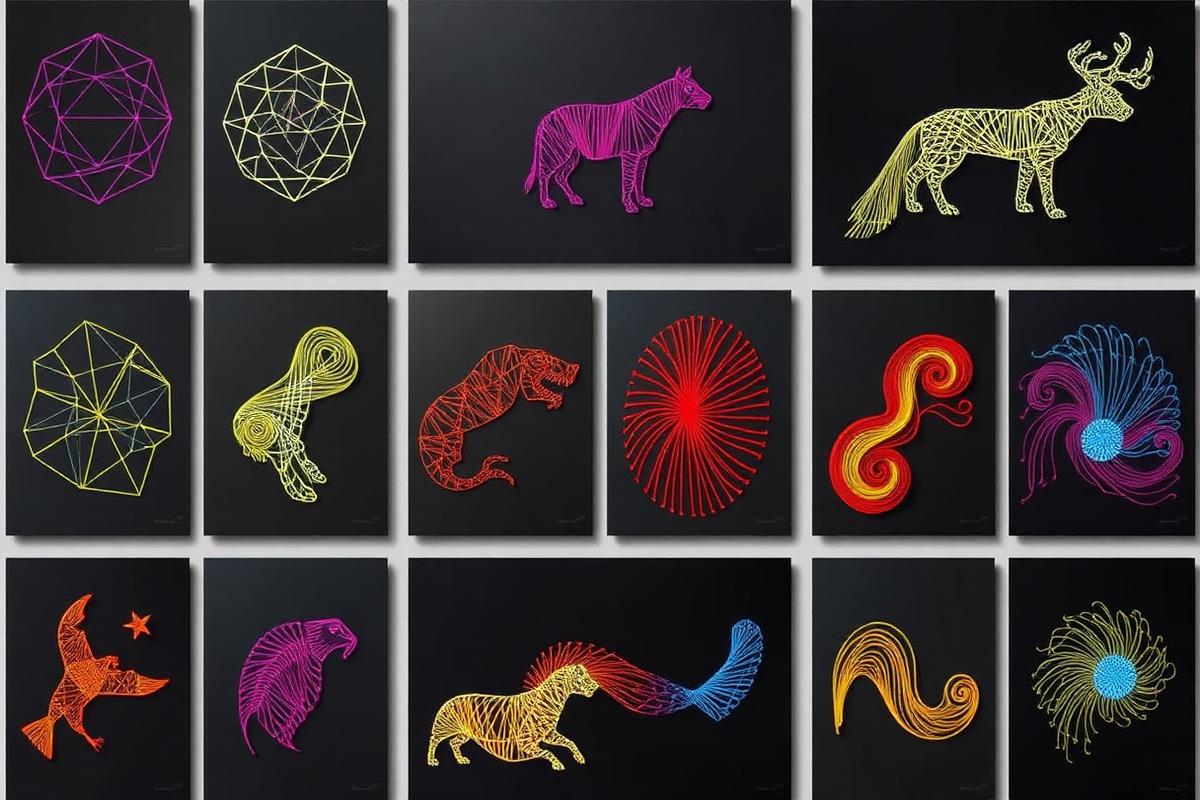 String art gallery showing various patterns including portraits, geometric designs, and abstract art
